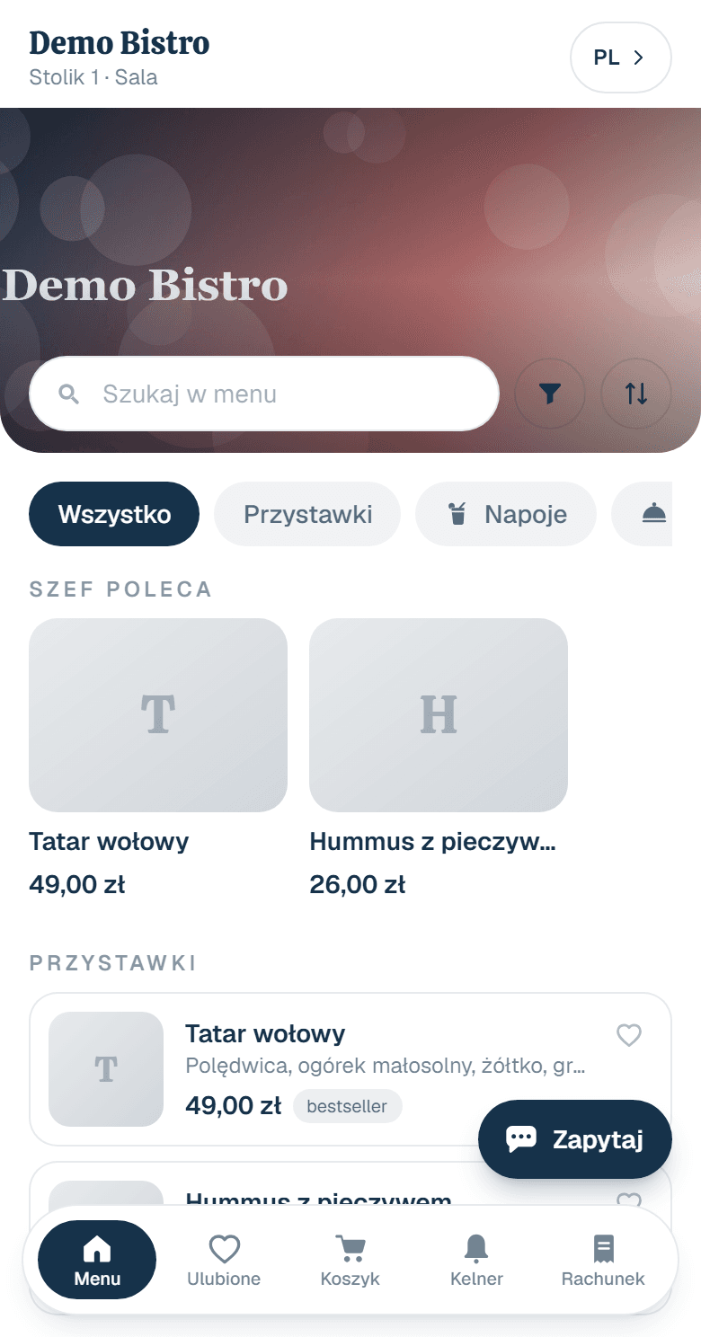 Menu karty gościa na telefonie